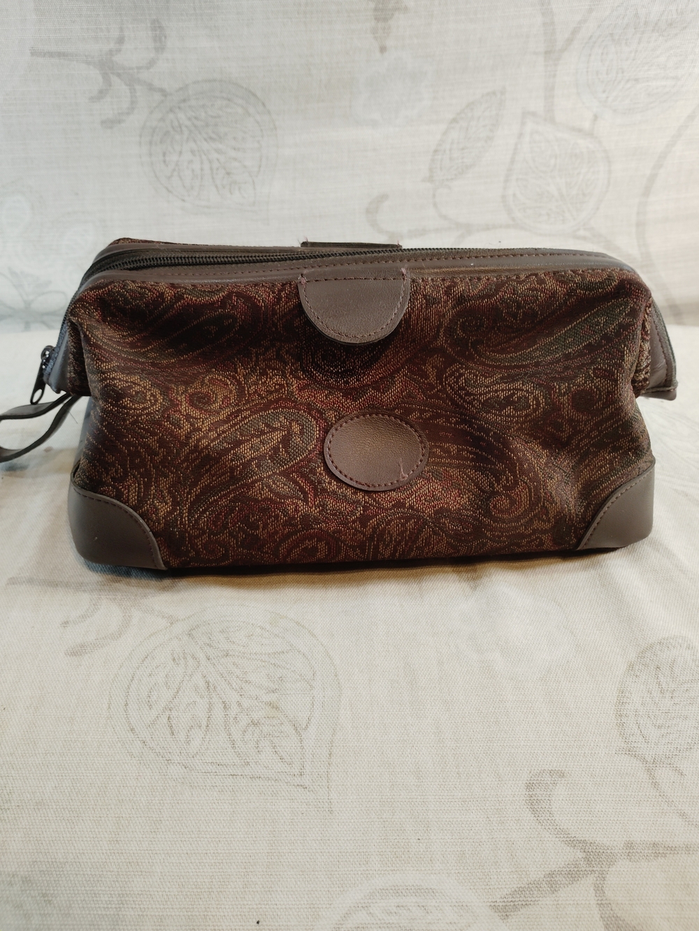 Brown Paisley Toiletry Pouch with Faux Leather Trim